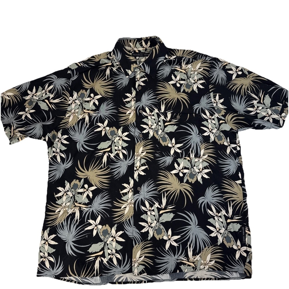 Natural‎ Issue Hawaiian Shirt Men L Black Floral Tropical Viscose Button Pocket